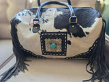 Western Cowhide & Tooled Leather Carry-On Duffle with Turquoise Fringe
