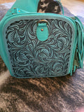 Western Cowhide & Tooled Leather Carry-On Duffle with Turquoise Fringe