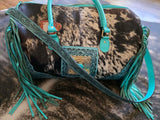 Western Cowhide & Tooled Leather Carry-On Duffle with Turquoise Fringe