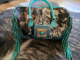 Western Cowhide & Tooled Leather Carry-On Duffle with Turquoise Fringe