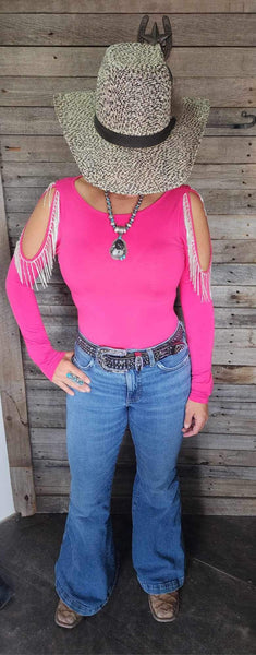 Rhinestone Sleeve Bodysuit- Pink