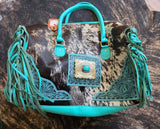Western Cowhide & Tooled Leather Carry-On Duffle with Turquoise Fringe