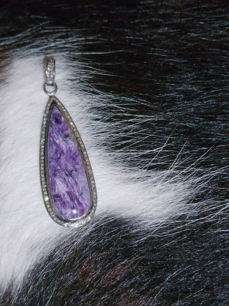 Charoite Long Teardrop Pendant with Diamonds