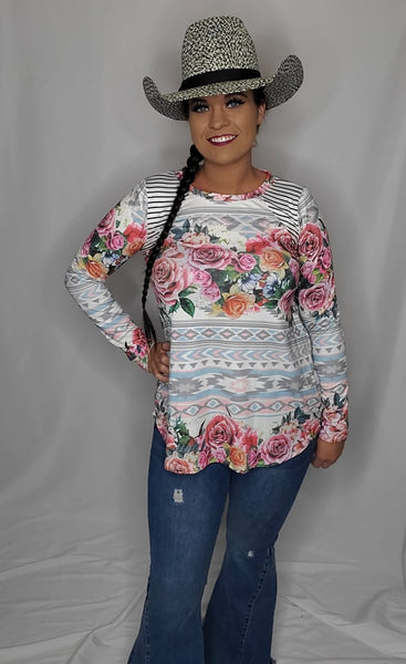 Floral Aztec Long-sleeve Top