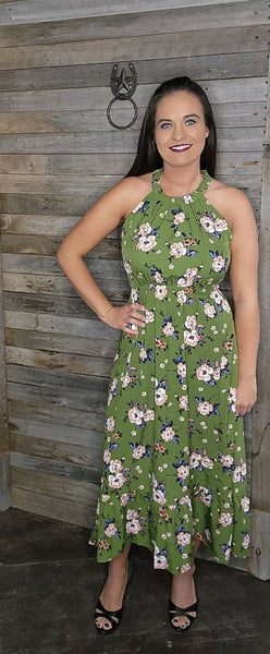Olive Flower Halter Tunic Dress Large Olive Flower Halter Tunic Dress Large